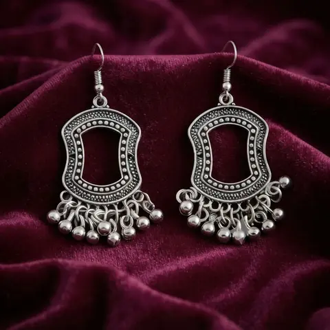 Oxidized Silver Bohemian Statement Drop Earrings With Intricate Dot Detailing & Hanging Bells