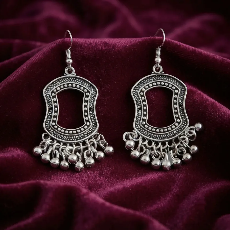 Oxidized Silver Bohemian Statement Drop Earrings With Intricate Dot Detailing & Hanging Bells - Silver